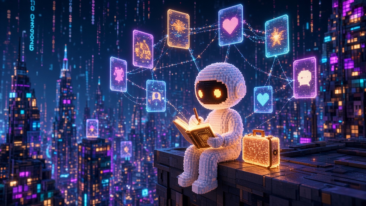 The traveller sits on a rooftop at night writing in a notebook, with linked glowing belief cards floating above it