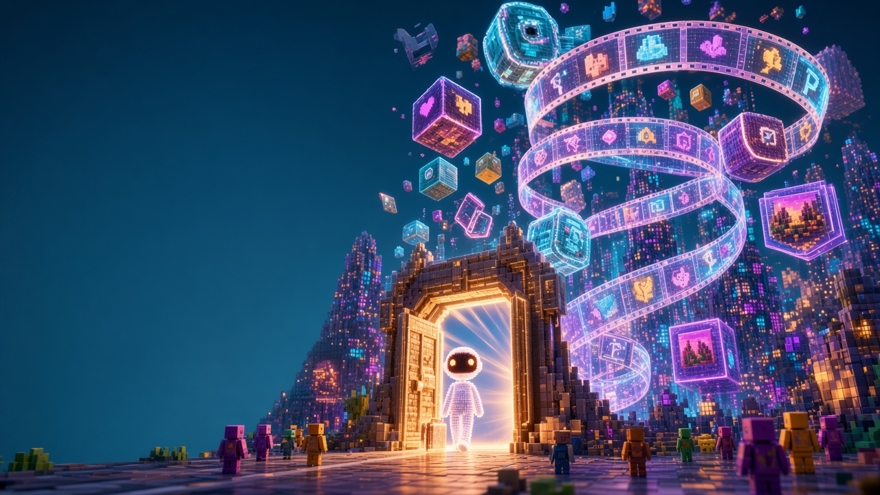 The traveller walks through a glowing boundary gate; everything that crosses is copied onto a film strip that coils up into an archive in the sky
