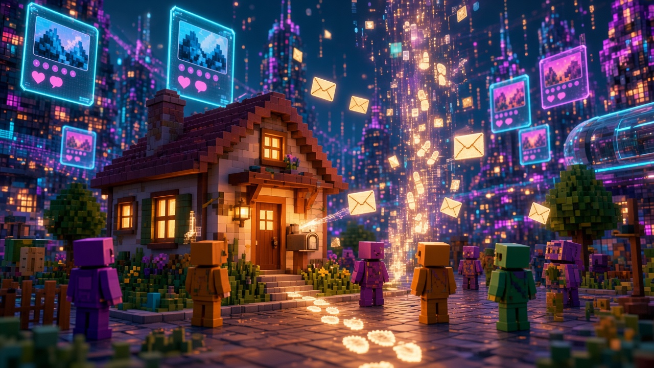 The empty outpost at night with its lamp still on; glowing footprints lead to where the traveller beamed up, letters keep landing in the mailbox, and the neighbours stop by